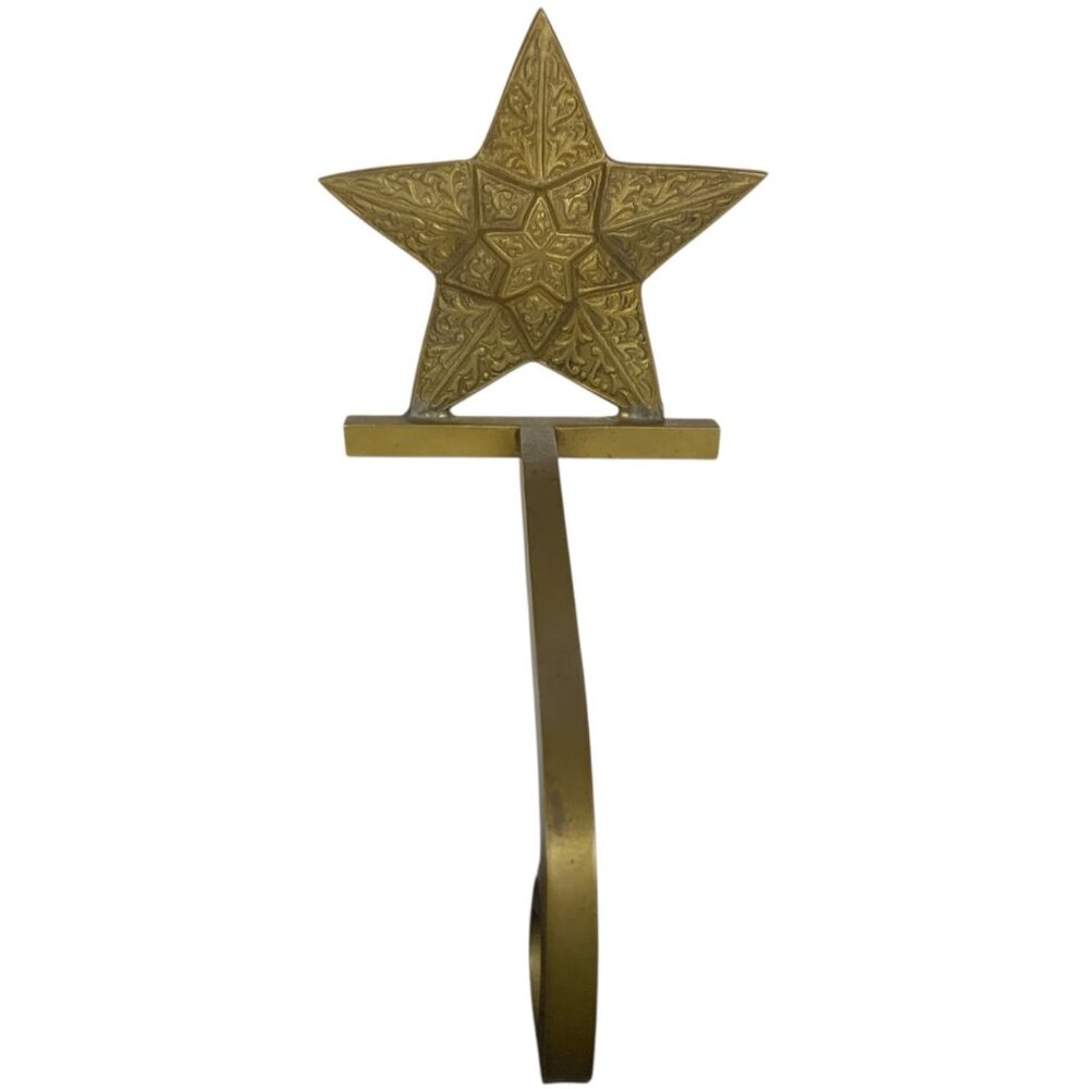 Vintage Brass Star Christmas Stocking Holder Mantle Hook Ornate Holiday Decor